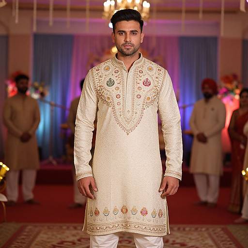 Photograph of a handsome South Asian man with short black hair, beard, and mustache, wearing an intricately embroidered white traditional kurtah,