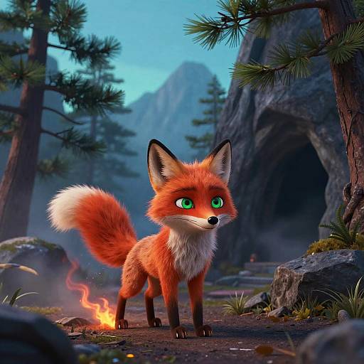 CGI illustration of a vibrant, green-eyed red fox with a bushy tail, standing by a small fire in a forested, mountainous cave