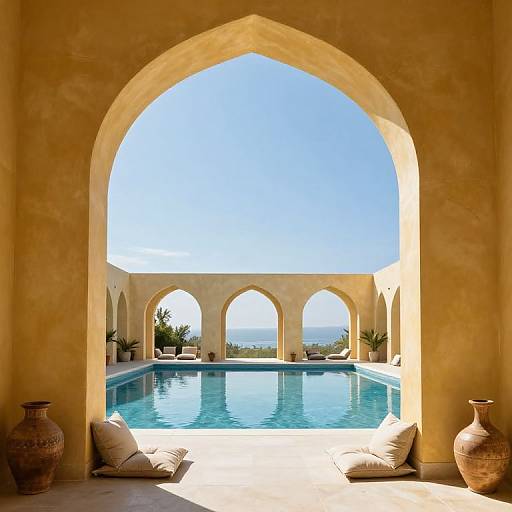 Photograph of a sunlit, arched courtyard leading to a serene, blue-tiled pool with three arches, surrounded by potted plants and