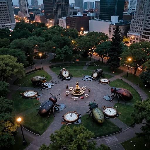 Aerial photograph of a city park at dusk, featuring a central statue surrounded by glowing insect sculptures and trees, with illuminated skyscrapers in the background