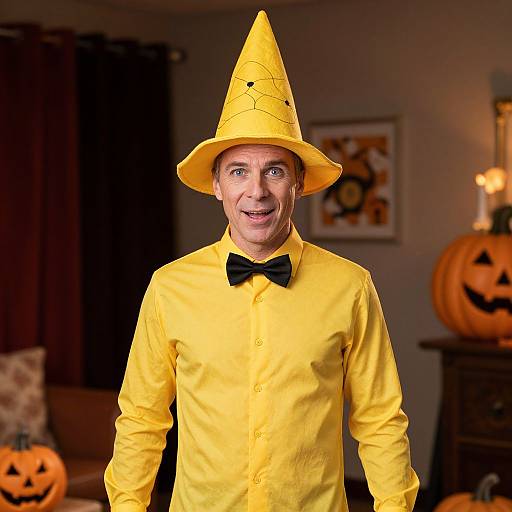 Photograph of middle-aged man in bright yellow witch hat and shirt, black bow tie, standing in dimly-lit room with Halloween decorations, including