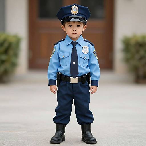 Photograph of a serious young boy in a blue police uniform, complete with hat, badge, and black boots, standing on a paved sidewalk in front