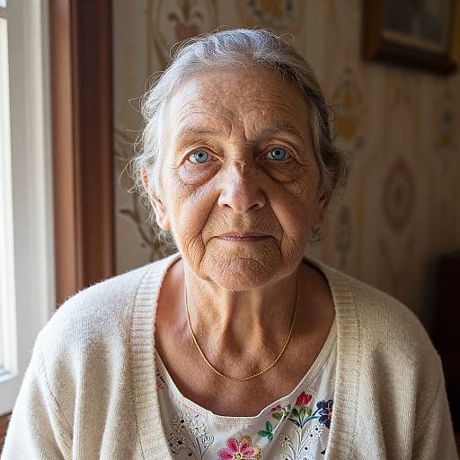 Photograph of an elderly woman with wrinkled skin, blue eyes, and gray hair, wearing a white floral blouse and cream cardigan, seated in