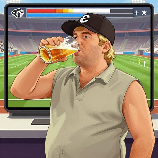 Digital illustration of a blonde, muscular man in a sleeveless grey polo and black baseball cap, drinking beer in front of a football stadium TV screen.
