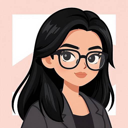 Digital anime-style portrait of a woman with long black hair, black glasses, and a black jacket, against a pale pink background.