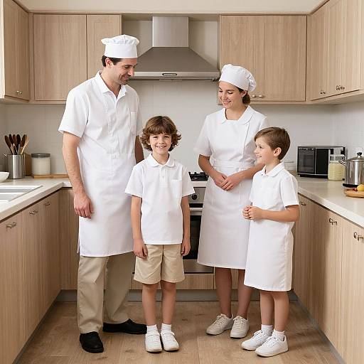 Photograph of a family in a modern kitchen; father, mother, and two children, all wearing white chef uniforms and hats, smiling together. Light