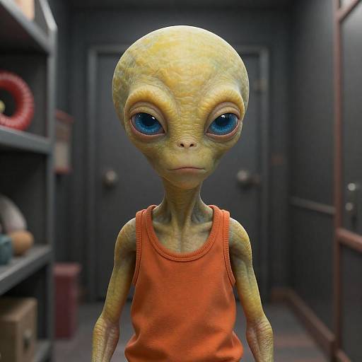 Bald Yellow Alien Child in Dark Hallway
