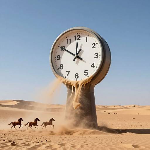 Photograph: Giant clock in desert, sand pouring from bottom, three horses galloping in foreground, clear blue sky, bright sunlight.