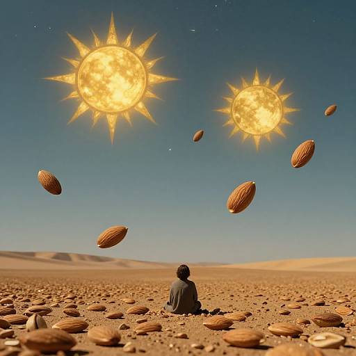 Photograph of a person sitting in a desert, surrounded by floating suns and nuts, under a clear blue sky.