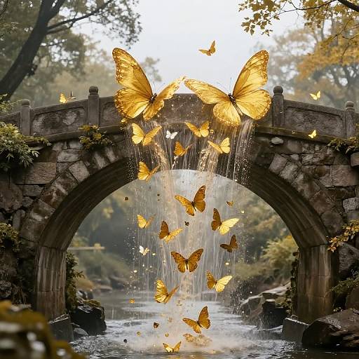 Photograph of a stone arch bridge with cascading water, surrounded by glowing yellow butterflies emerging from the waterfall. Forest background.