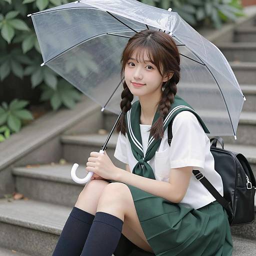 Young Woman in Sailor Uniform on Steps