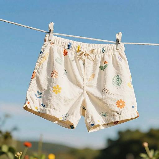 Photograph of white, floral-patterned shorts hanging on a clothesline with wooden clips against a bright blue sky and blurred greenery.