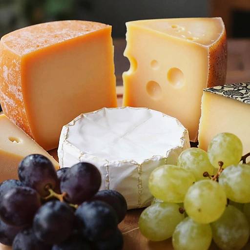 Vibrant Close-Up of Assorted Cheeses and Grapes