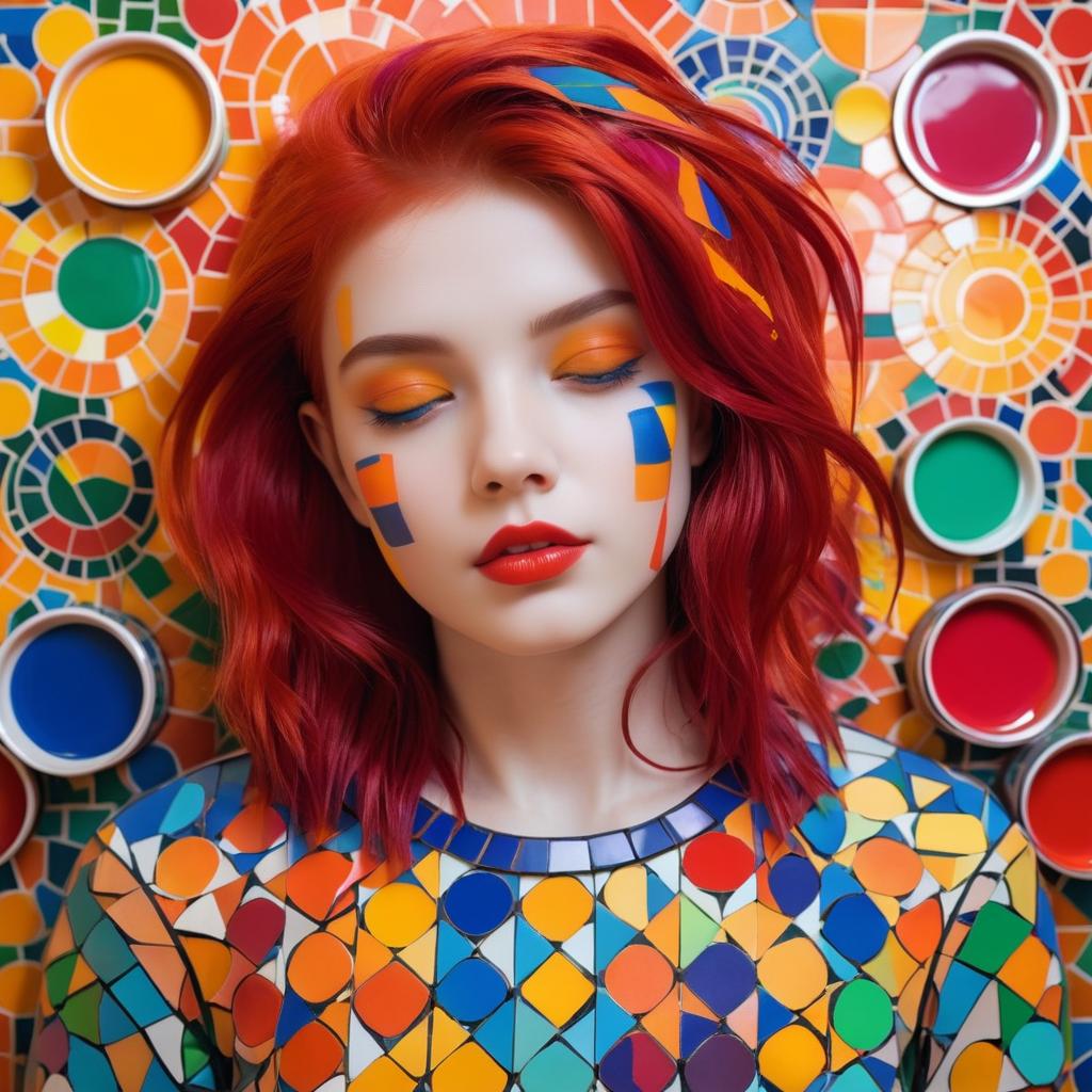 Crimson-Haired Girl in Mosaic Splendor