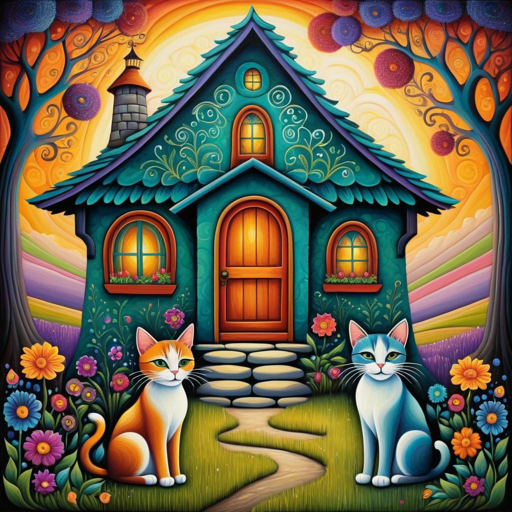 Whimsical Cats in Colorful Cottage Scene