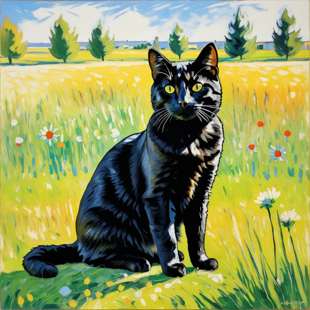 Black Tabby Cat in Sunny Meadow