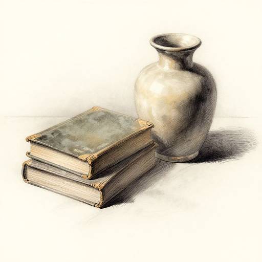 Digital drawing of two stacked, worn books with green covers and a textured, metallic vase, casting shadows on a white background.