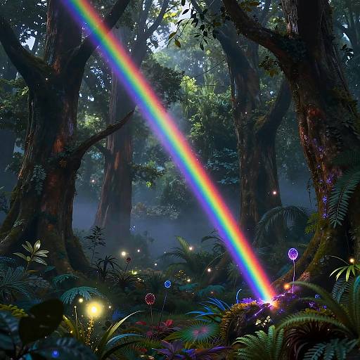 Mystical forest scene with vibrant rainbow, glowing fireflies, and ethereal blue mist amidst towering trees and colorful, luminescent foliage.