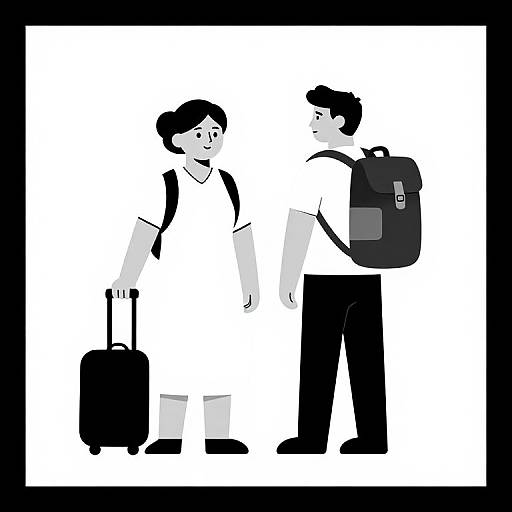 Black-and-white digital illustration of two people with backpacks, standing and facing each other, one with a suitcase. Simple, minimalist style.