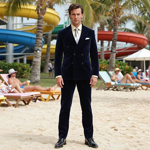 Photograph of a handsome man in a black suit, white shirt, and black shoes standing on a sandy beach with colorful water slides and palm trees in