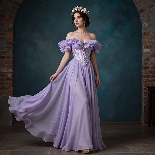 Photograph of a fair-skinned woman with dark hair, wearing a lavender off-shoulder ball gown with floral crown, standing in a brick arch