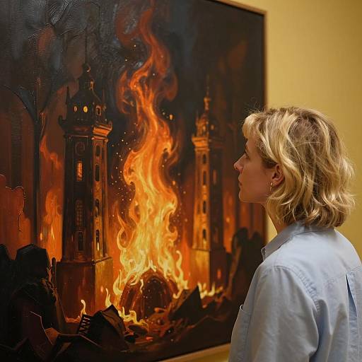 Woman Gazing at Fiery Abstract Painting