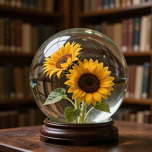 Photograph of a glass snow globe with vibrant yellow sunflowers and green leaves, standing on a wooden table against a blurred bookshelf background.