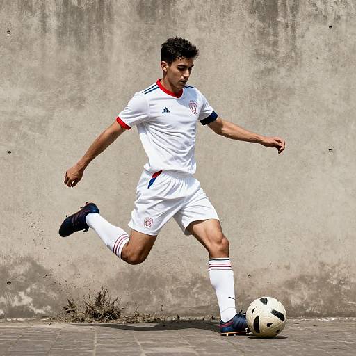 Photograph of a young male soccer player in white uniform with red accents, mid-kick, against a textured concrete wall.