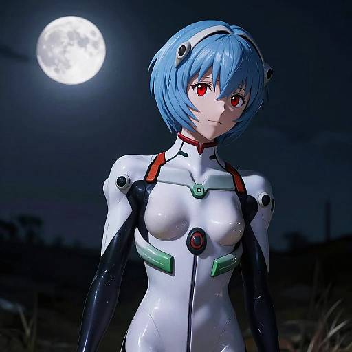 Digital anime-style illustration of blue-haired, red-eyed girl in white and black futuristic bodysuit, standing under full moon in dark night sky.