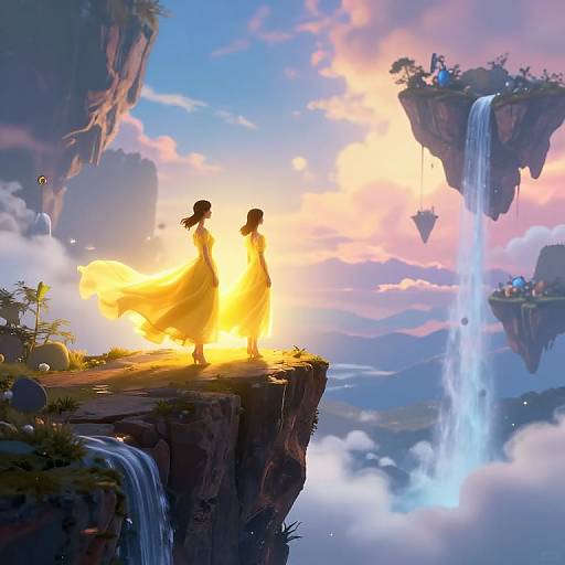 Digital art: Silhouetted woman in flowing yellow dress stands on cliff, backlit by sunset, with majestic waterfalls and floating islands in vibrant