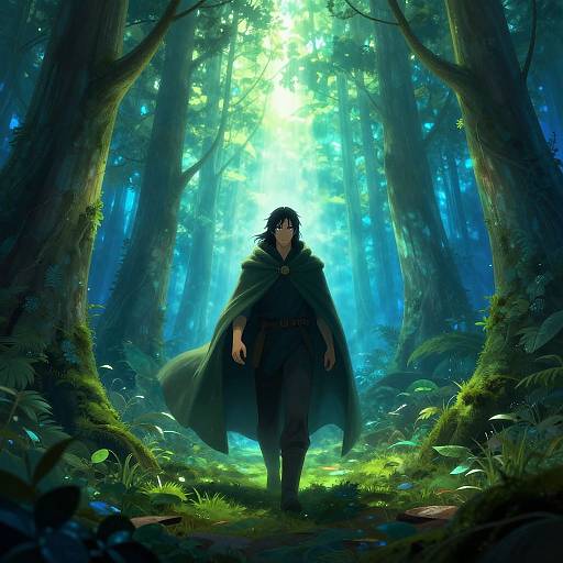 Digital art of a lone, dark-haired figure in a green cloak walking through a luminous, dense forest with tall trees and bright sunlight filtering through.