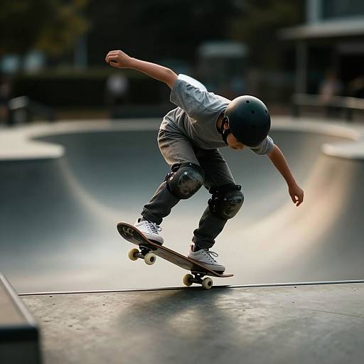 Photograph of a young male skateboarder in a gray shirt, black helmet, and elbow pads, performing a trick in a sunlit skatepark bowl