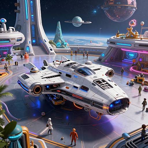 Futuristic Spaceship at Neon Spaceport