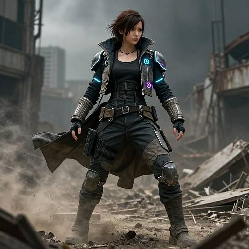 Digital artwork of a fierce, dark-haired woman in a black tactical outfit with glowing blue lights, standing in a post-apocalyptic, rubble-filled street.