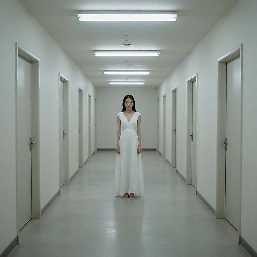 Photograph of a woman in a white, sleeveless, floor-length dress standing in a stark, fluorescent-lit, empty, white-walled hallway