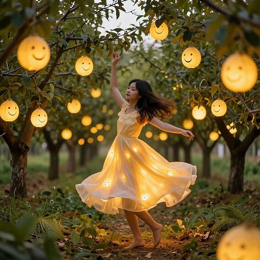 Photograph of a smiling woman in a yellow dress dancing in an orchard with glowing smiley face lanterns hanging from trees.