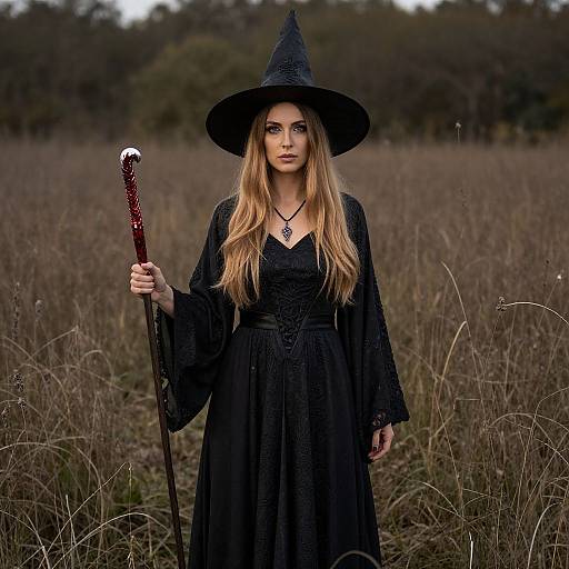 Photograph of a blonde woman in a black witch costume with a pointed hat, holding a staff, standing in a dry, grassy field.