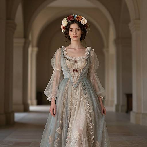 Photograph of a pale-skinned woman with dark curly hair, wearing a pastel blue, lace-trimmed Renaissance-style gown and flower crown,