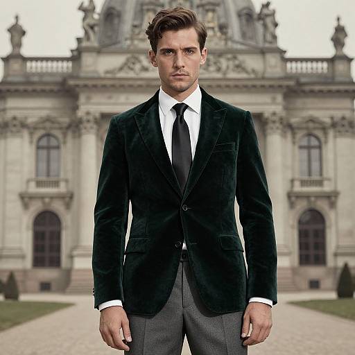 Photograph of a handsome, serious-looking man with short brown hair in a black velvet suit, white shirt, and black tie, standing in front of