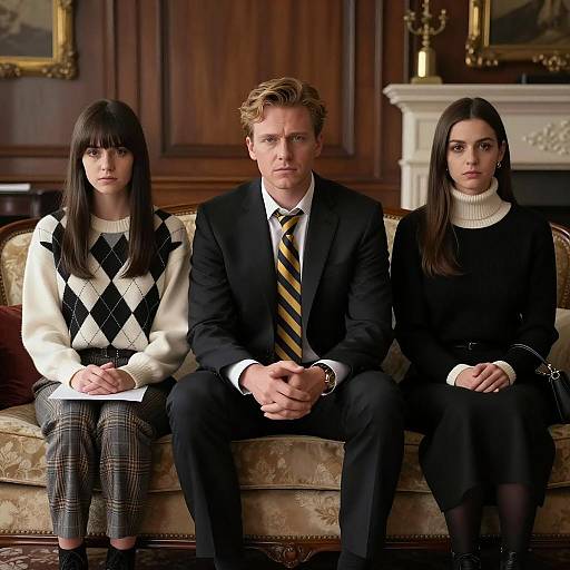 Serious Trio Sitting on Vintage Couch