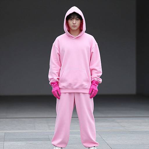 Photograph of a young man with pale skin, black hair, and brown eyes, wearing a pink hoodie, matching pants, and pink gloves, standing