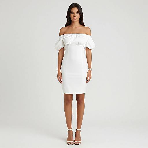 Photograph of a woman with medium brown skin, long black hair, wearing an off-the-shoulder white dress and white sandals, standing against a