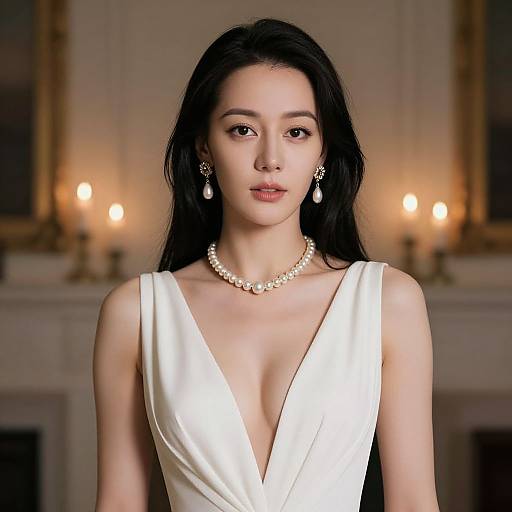 Photograph of an Asian woman with long black hair, wearing a deep V-neck white gown, pearl necklace, and teardrop earrings, set against