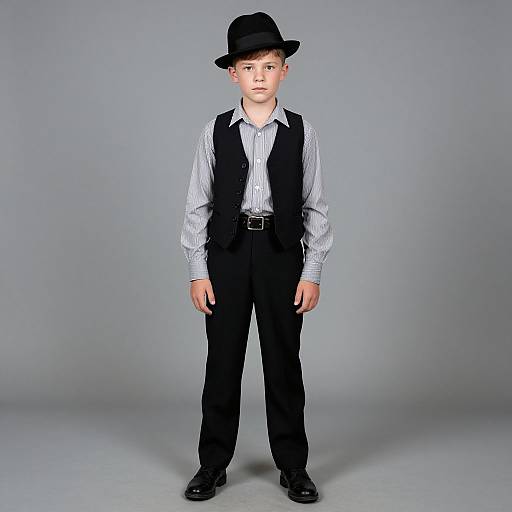 Photograph of a young boy standing against a gray background, wearing a black vest, striped shirt, black pants, black shoes, and a black fed