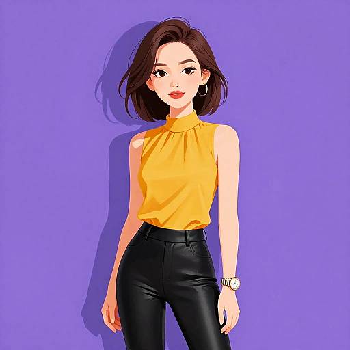 Digital illustration of a stylish woman with fair skin, brown bob haircut, wearing a yellow sleeveless top, black leather pants, and a white watch,