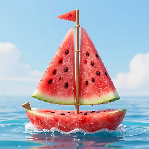Photorealistic image of a watermelon sailboat with two triangular slices, black seeds, and a small flag on a blue ocean.