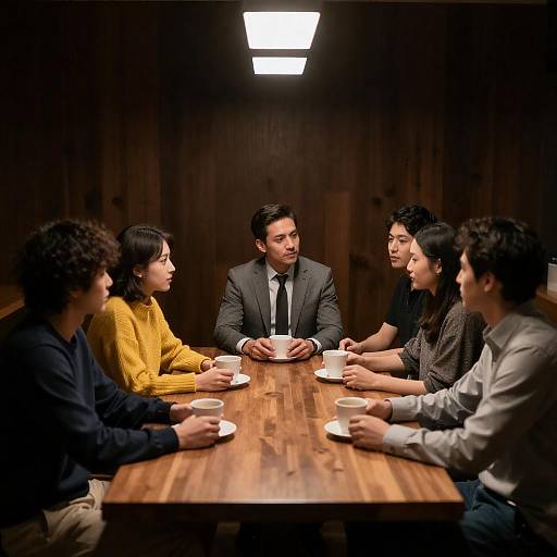 Seven People Around a Wooden Table