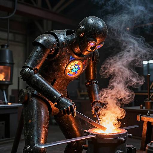 Photograph of a metallic, humanoid robot with glowing eyes and colorful chest emblem, hammering a glowing forge with rising smoke in a dimly lit workshop
