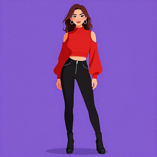 Edgy Woman in Red Cold-Shoulder Sweater