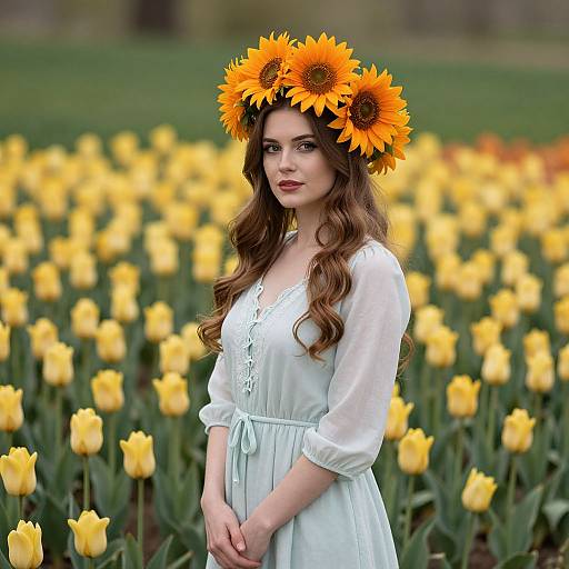 Photograph of a young woman with long brown hair, wearing a white dress and a sunflower crown, standing in a vibrant yellow tulip field.